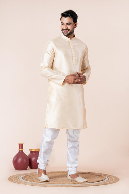 Zavaya Men Beige Solid Banarasi Silk Kurta Churidar Set - Dista
