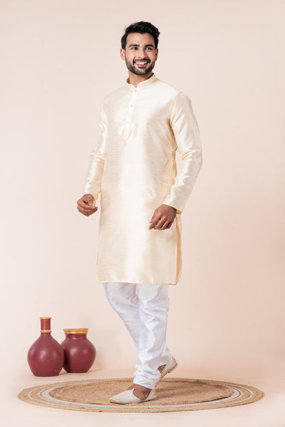 Zavaya Men Beige Solid Banarasi Silk Kurta Churidar Set - Dista