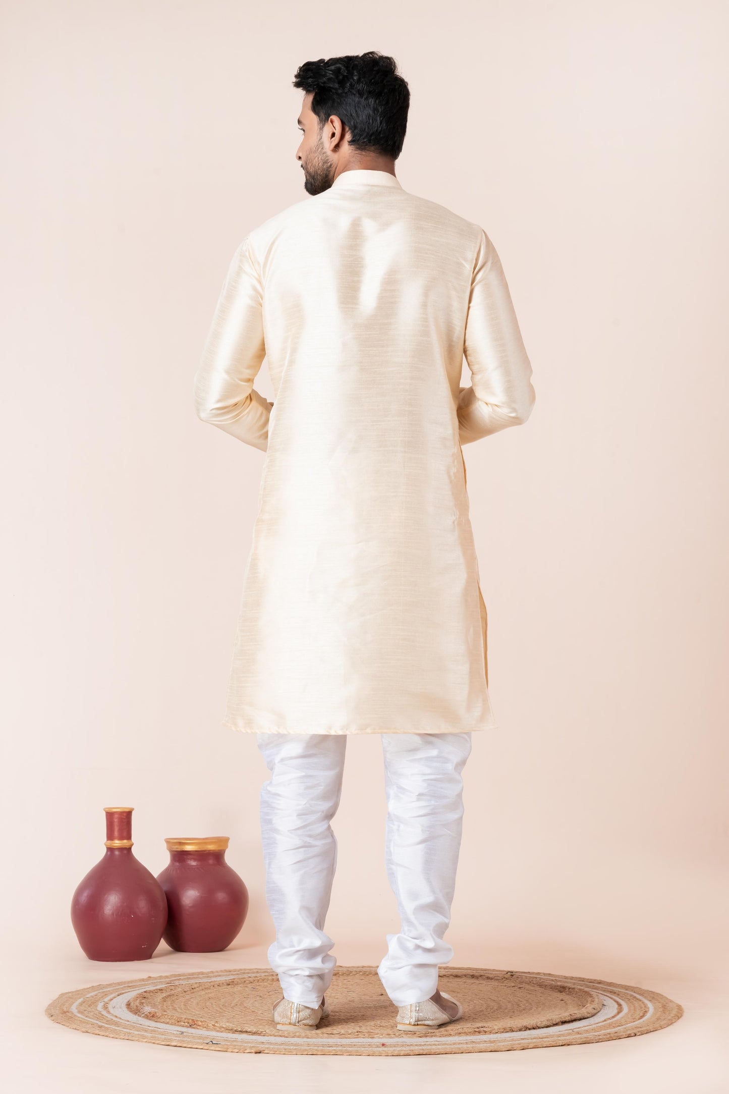 Zavaya Men Beige Solid Banarasi Silk Kurta Churidar Set - Dista