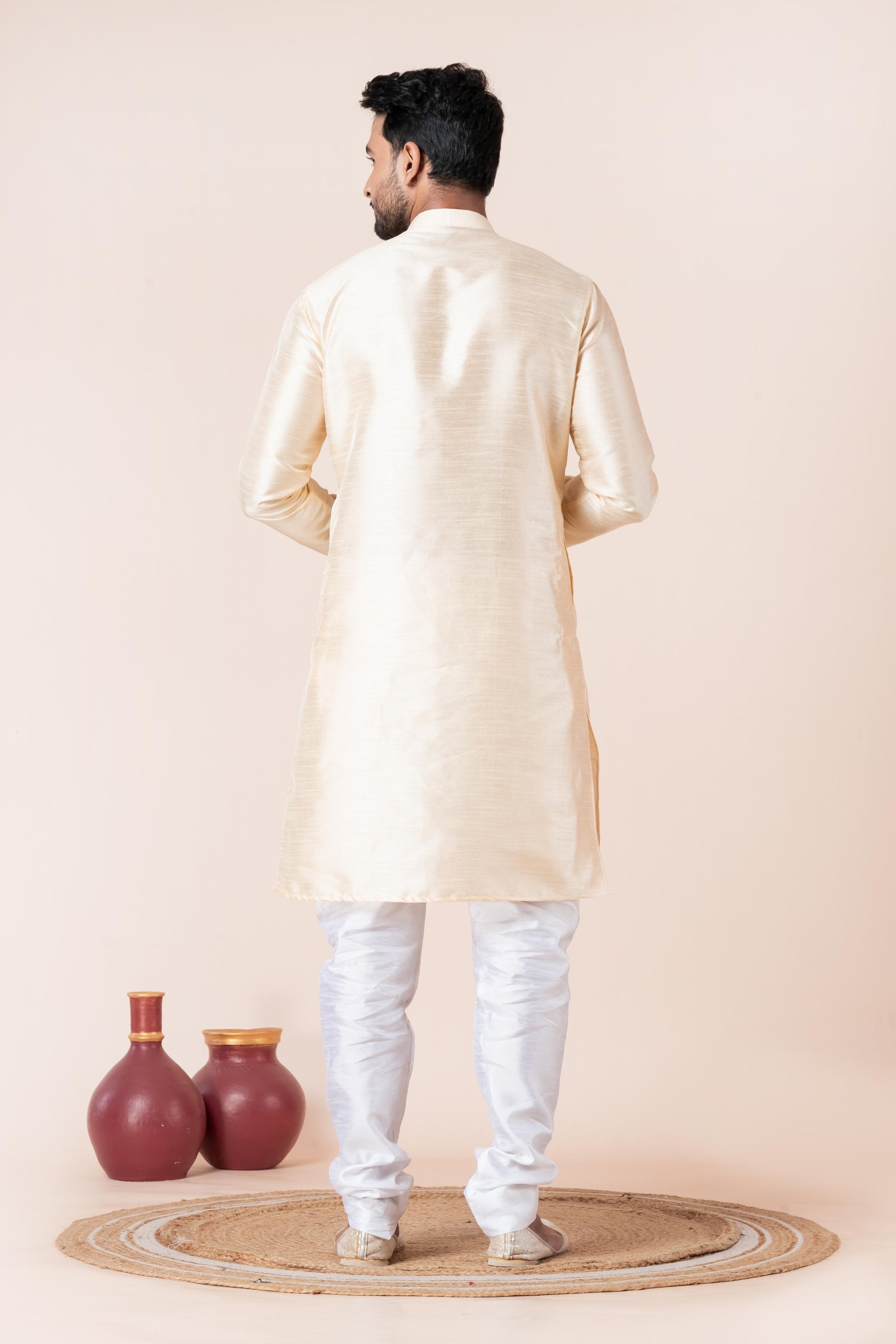 Zavaya Men Beige Solid Banarasi Silk Kurta Churidar Set - Dista
