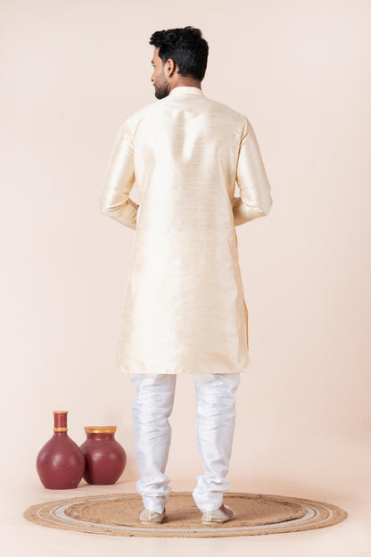 Zavaya Men Beige Solid Banarasi Silk Kurta Churidar Set - Dista