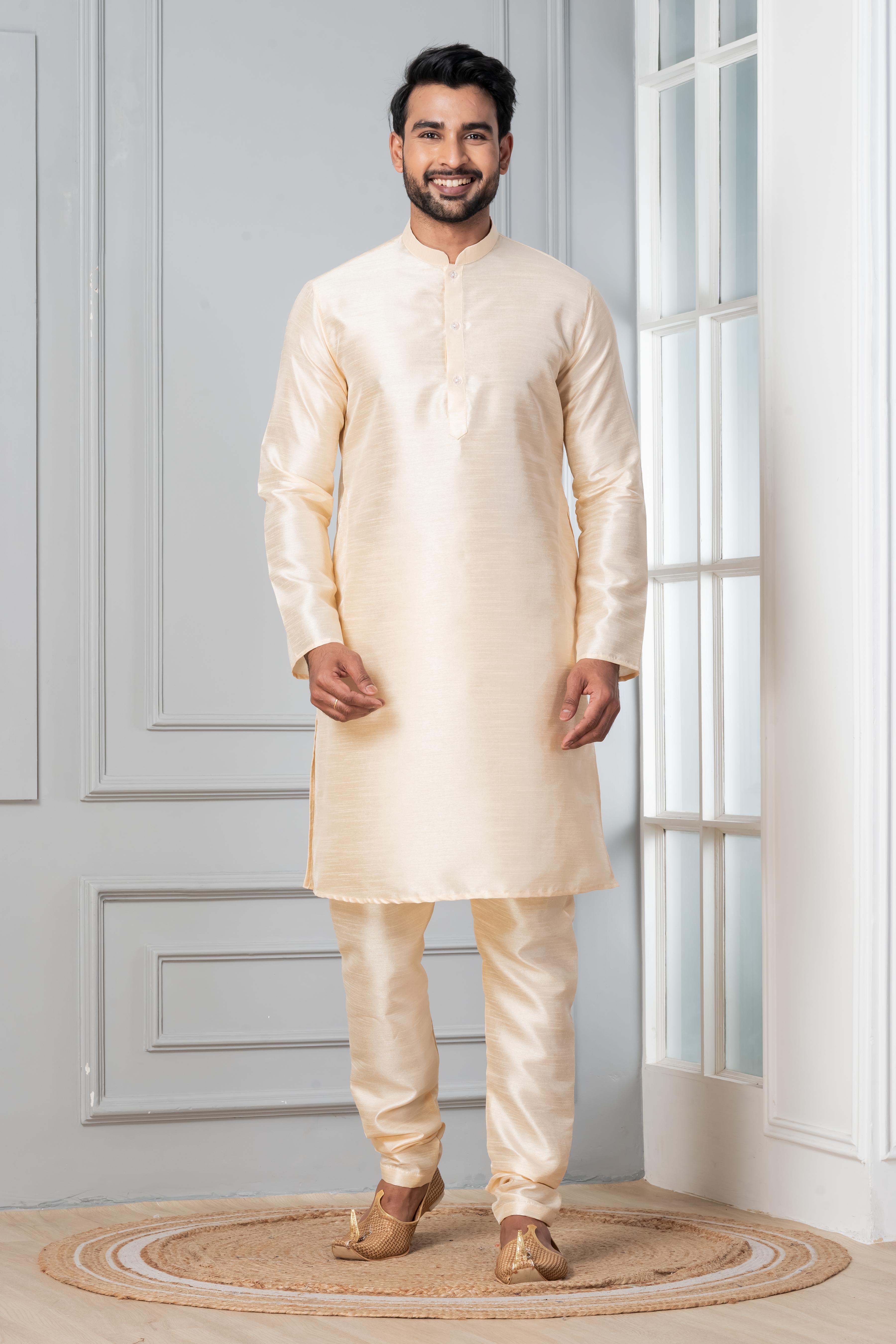 Zavaya Beige Plain Dupion Silk Kurta Churidar Set - Dista