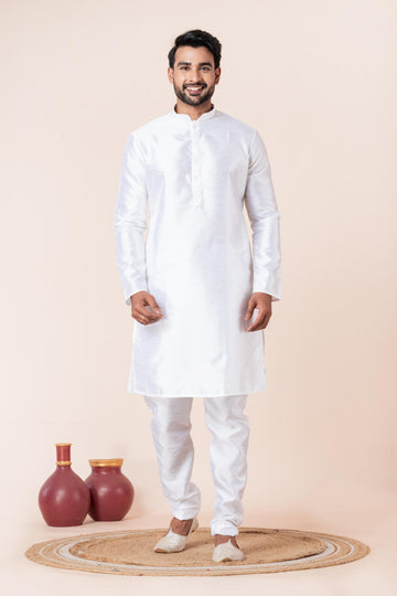 Zavaya Men White Solid Banarasi Silk Kurta Churidar Set - Dista
