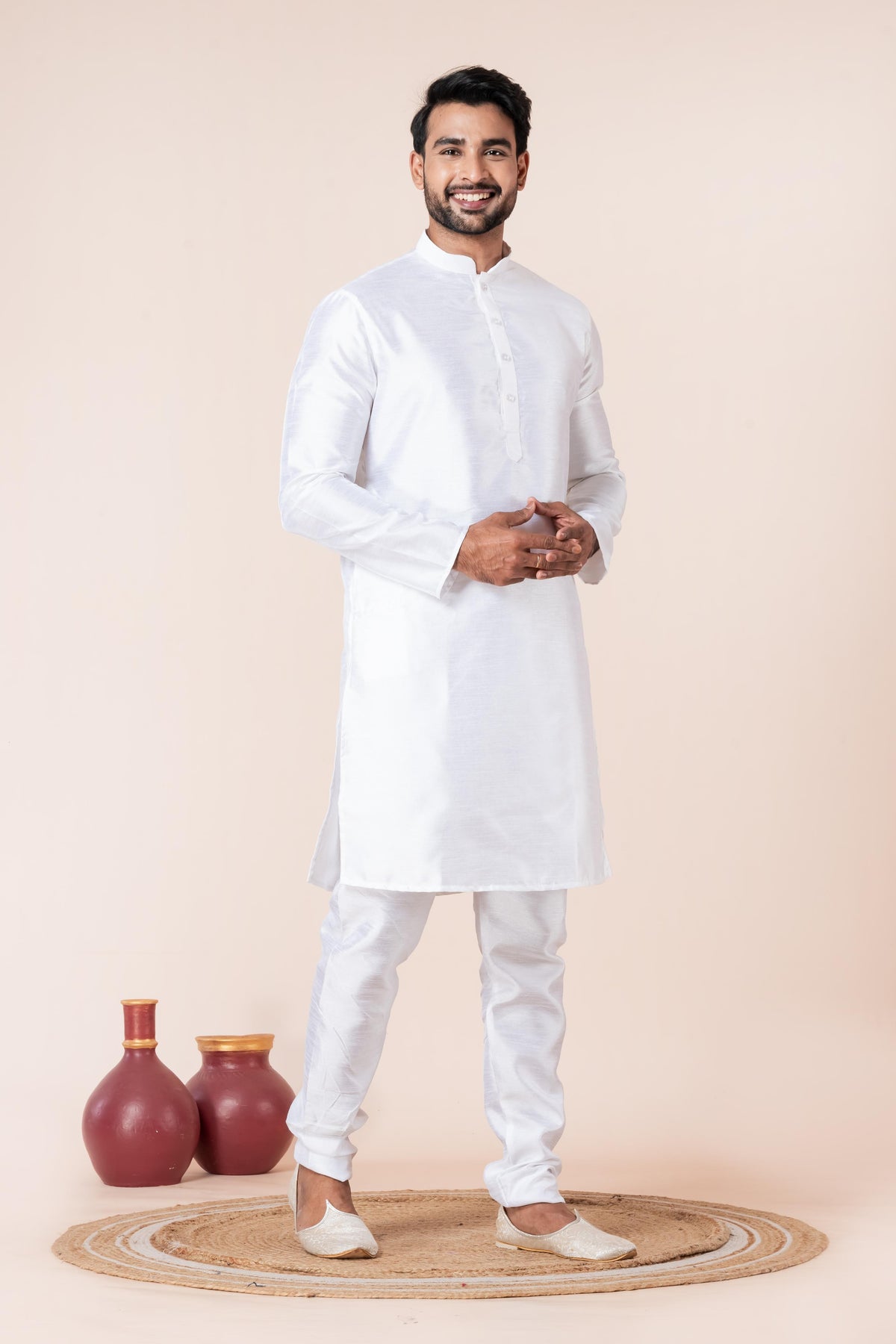 Zavaya Men White Solid Banarasi Silk Kurta Churidar Set - Dista