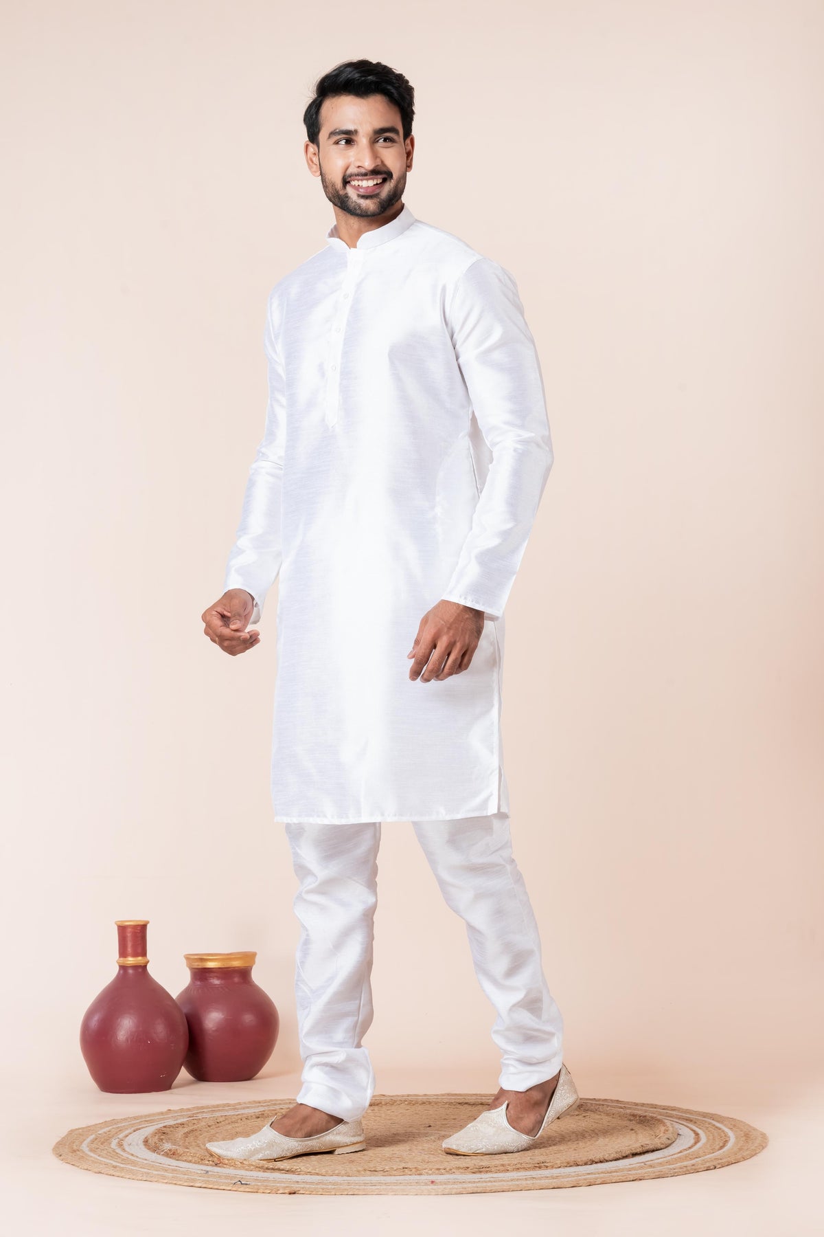 Zavaya Men White Solid Banarasi Silk Kurta Churidar Set - Dista