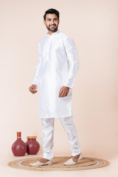 Zavaya Men White Solid Banarasi Silk Kurta Churidar Set - Dista