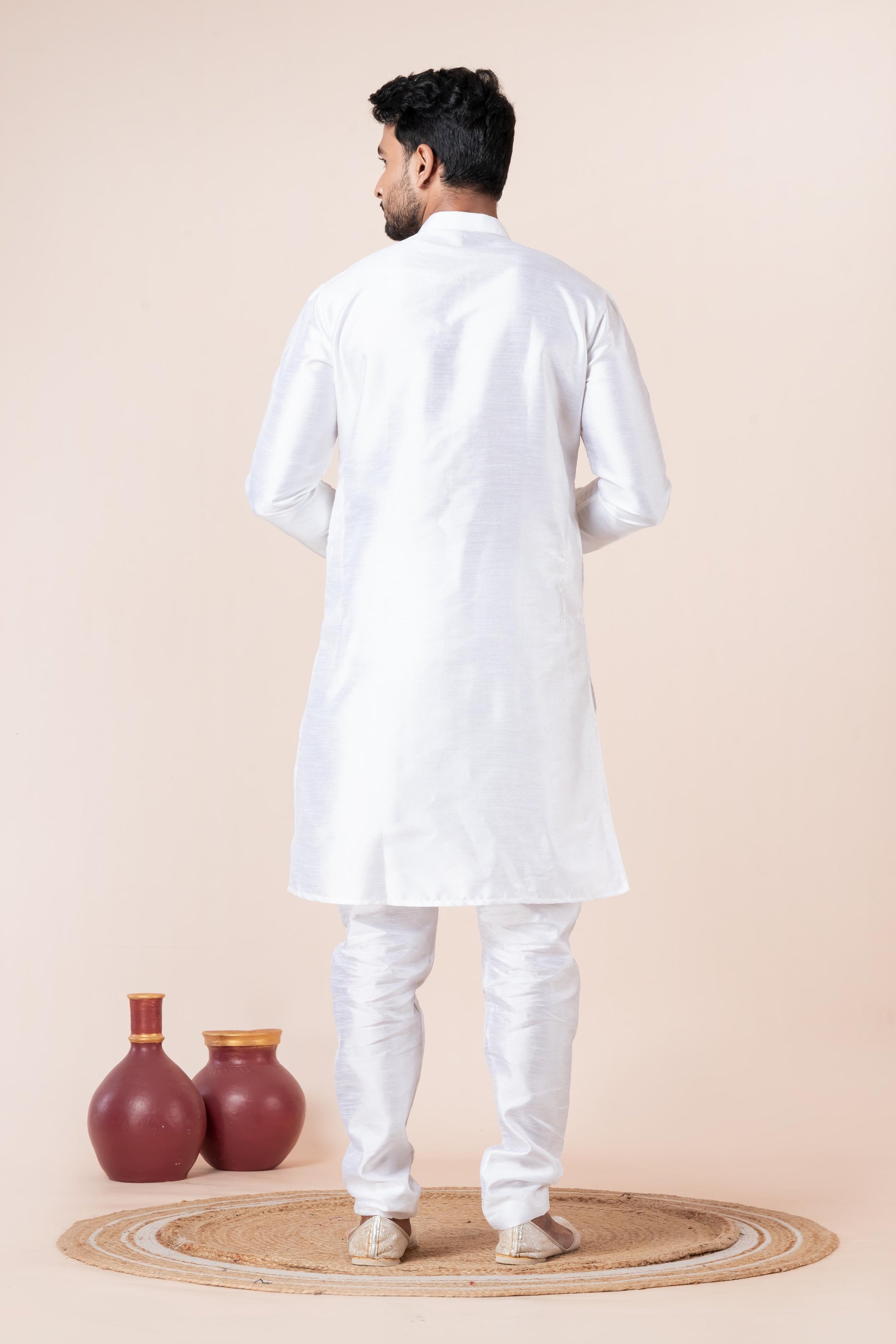 Zavaya Men White Solid Banarasi Silk Kurta Churidar Set - Dista