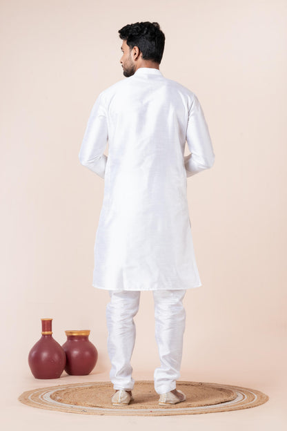 Zavaya Men White Solid Banarasi Silk Kurta Churidar Set - Dista