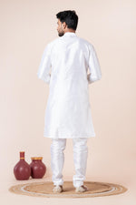 Thumbnail for Zavaya Men White Solid Banarasi Silk Kurta Churidar Set