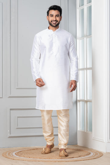 Zavaya Men White Solid Banarasi Silk Kurta Churidar Set - Dista