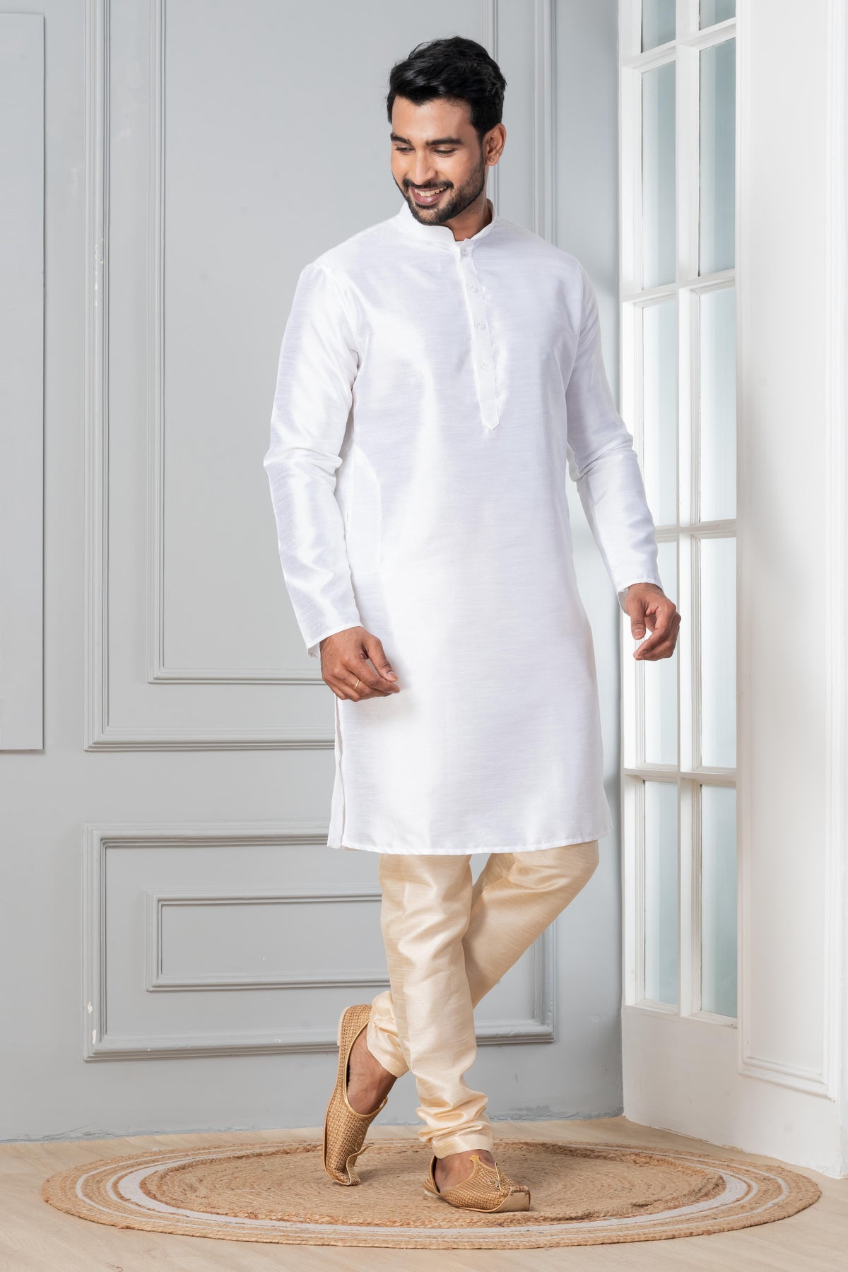 Zavaya Men White Solid Banarasi Silk Kurta Churidar Set - Dista