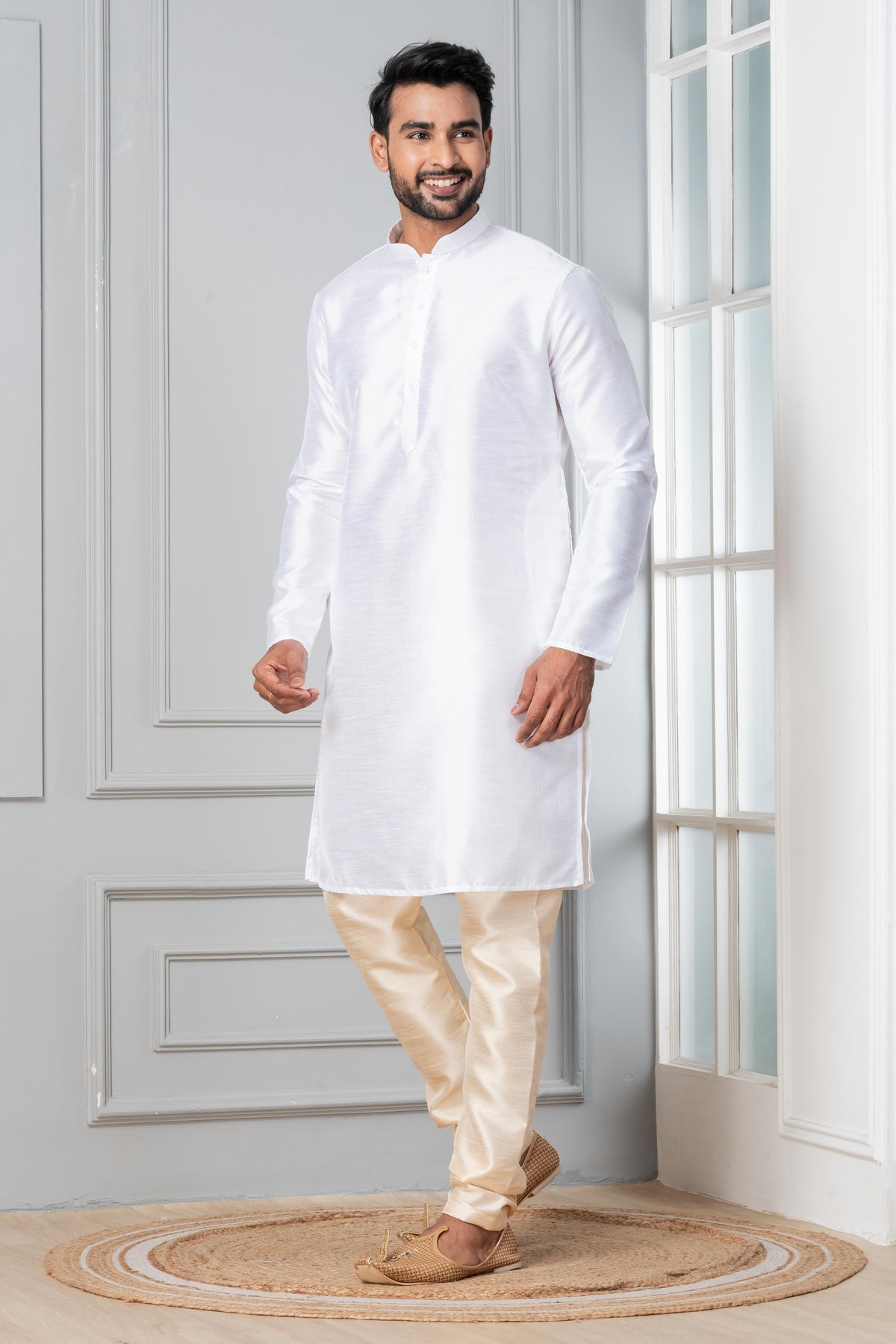 Zavaya Men White Solid Banarasi Silk Kurta Churidar Set - Dista