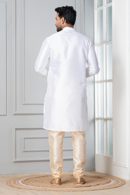 Zavaya Men White Solid Banarasi Silk Kurta Churidar Set - Dista