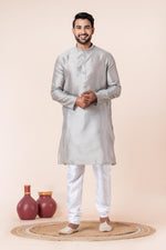 Thumbnail for Zavaya Men Grey Solid Banarasi Silk Kurta