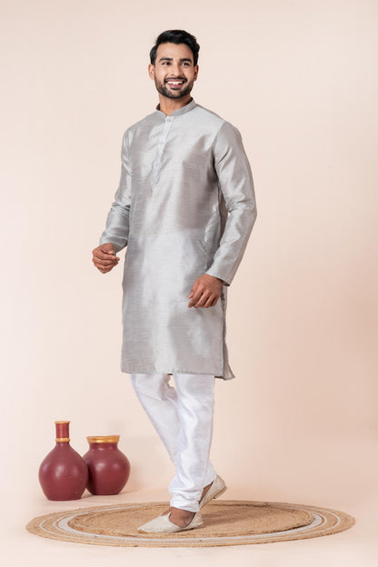 Zavaya Men Grey Solid Banarasi Silk Kurta - Dista
