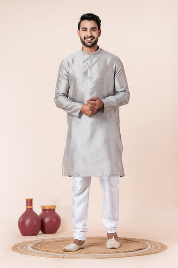 Zavaya Men Grey Solid Banarasi Silk Kurta Churidar Set - Dista