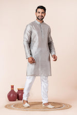 Thumbnail for Zavaya Men Grey Solid Banarasi Silk Kurta Churidar Set