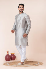 Thumbnail for Zavaya Men Grey Solid Banarasi Silk Kurta Churidar Set