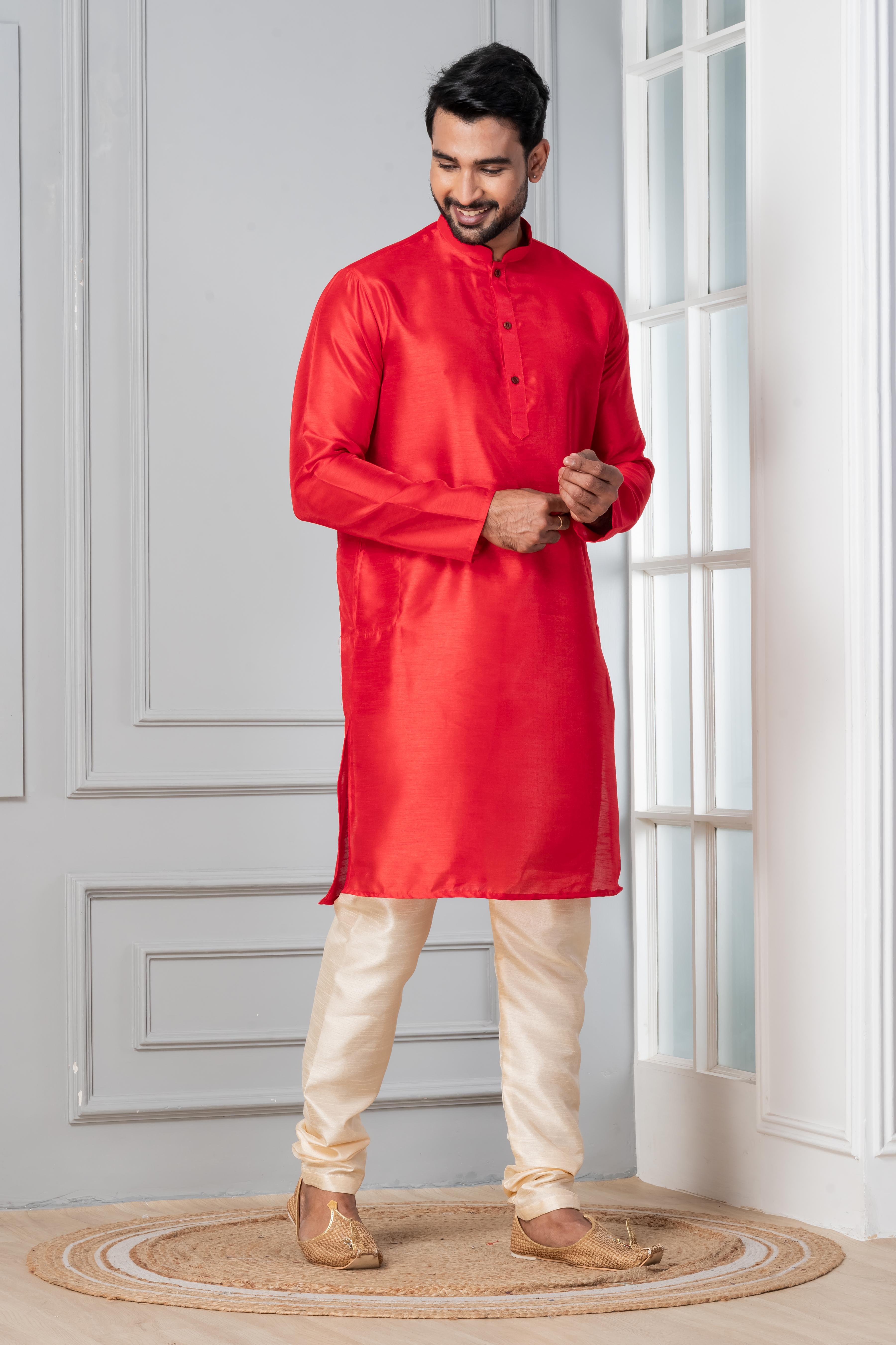 Zavaya Men Red Solid Banarasi Silk Kurta