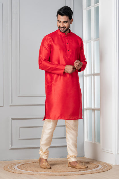 Zavaya Men Red Solid Banarasi Silk Kurta - Dista
