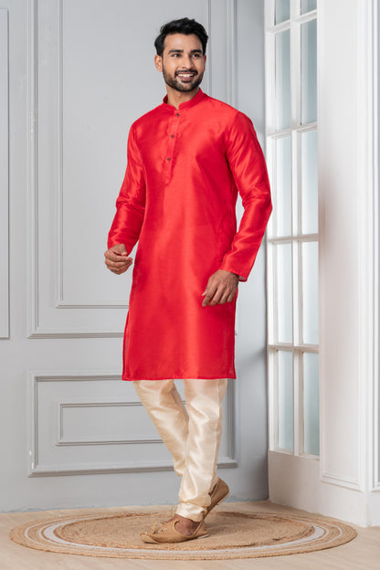 Zavaya Men Red Solid Banarasi Silk Kurta - Dista