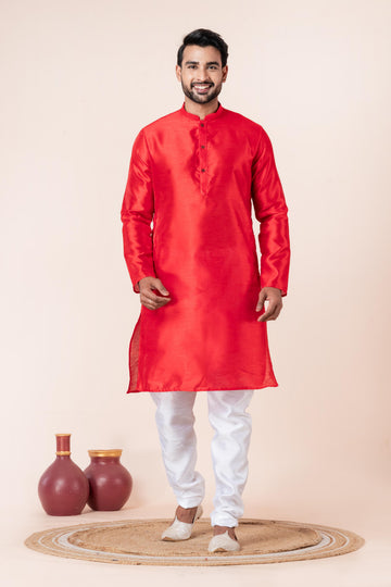 Zavaya Men Red Solid Banarasi Silk Kurta Churidar Set - Dista