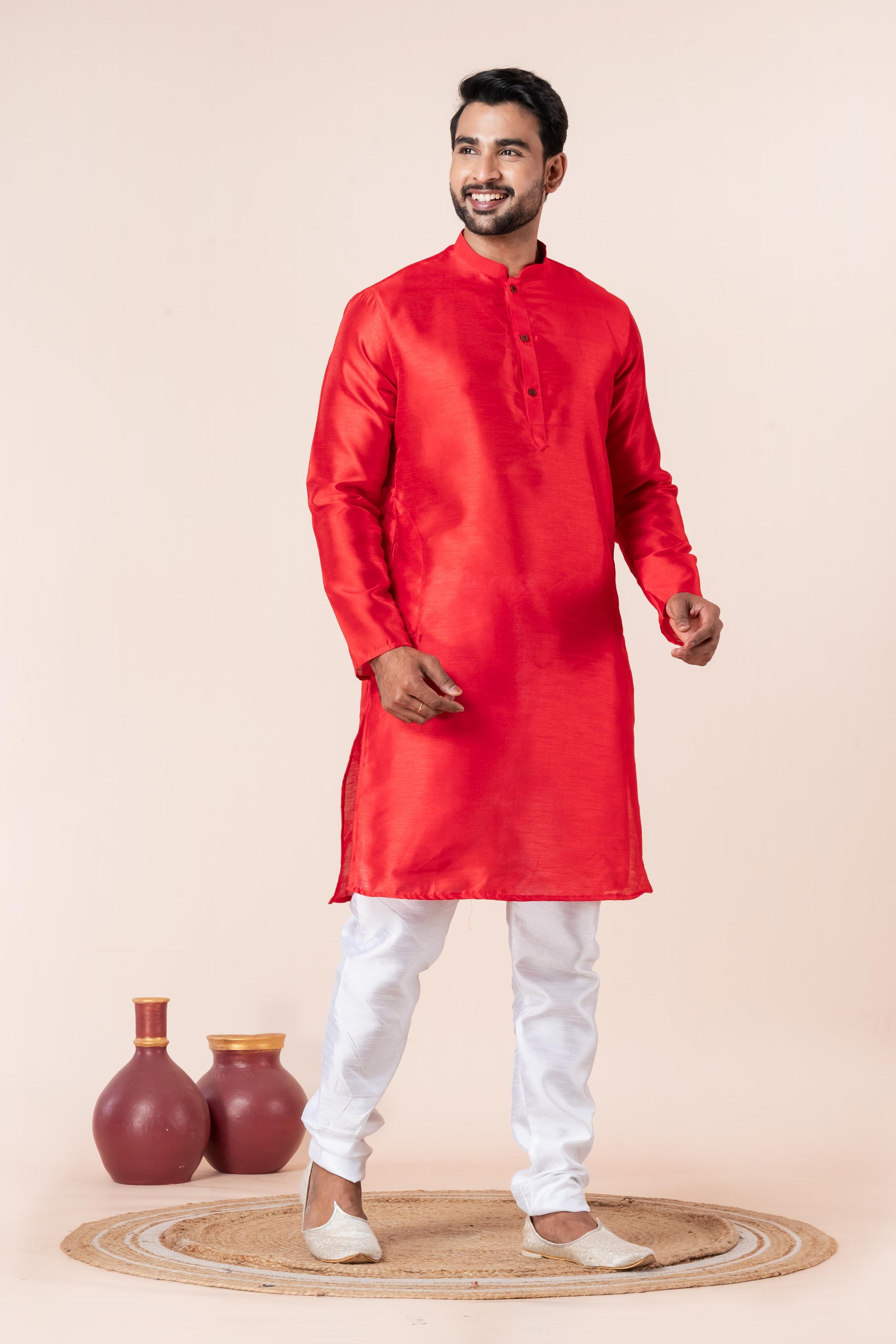 Zavaya Men Red Solid Banarasi Silk Kurta Churidar Set - Dista
