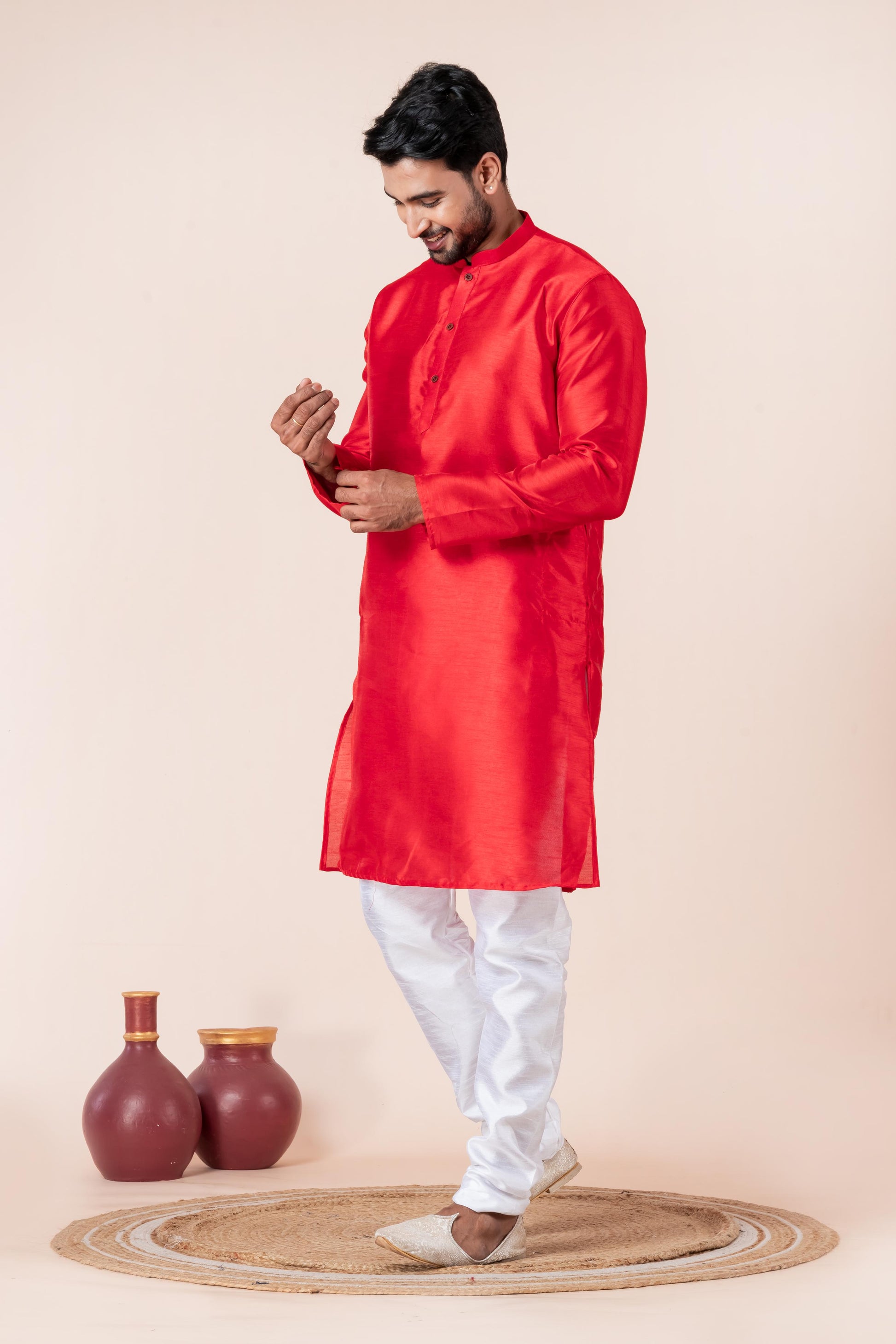 Zavaya Men Red Solid Banarasi Silk Kurta Churidar Set - Dista