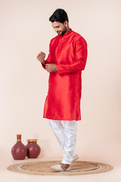 Zavaya Men Red Solid Banarasi Silk Kurta Churidar Set - Dista