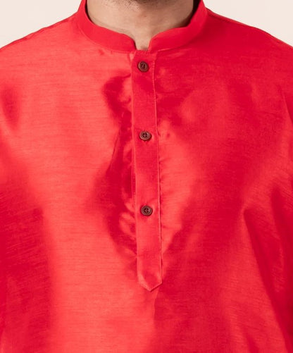 Zavaya Men Red Solid Banarasi Silk Kurta Churidar Set - Dista
