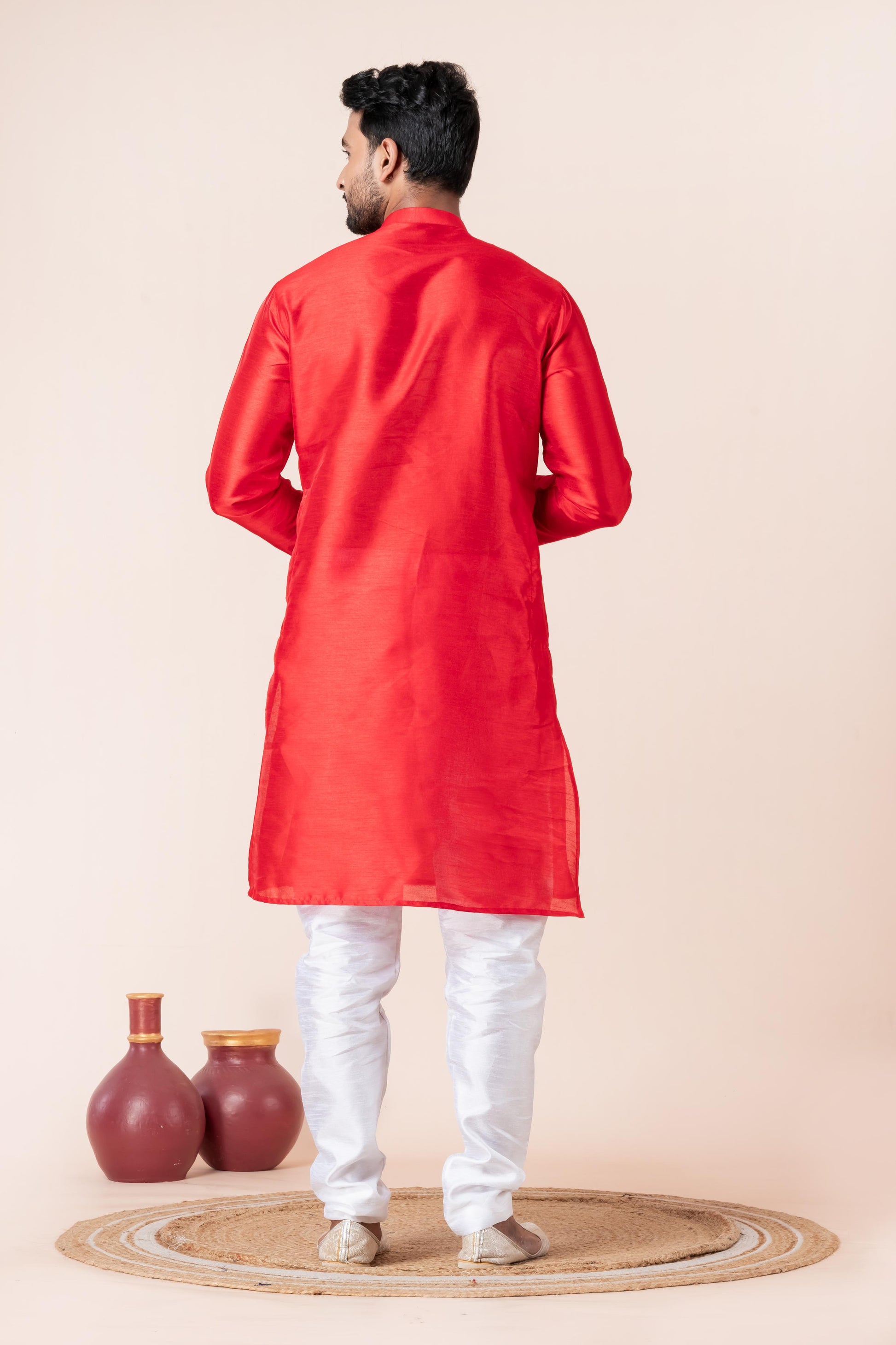 Zavaya Men Red Solid Banarasi Silk Kurta Churidar Set - Dista