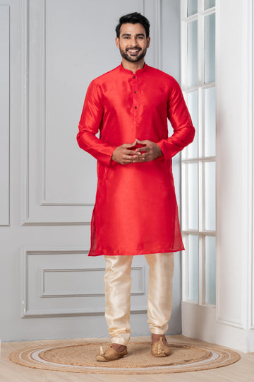 Zavaya Men Red Solid Banarasi Silk Kurta Churidar Set - Dista