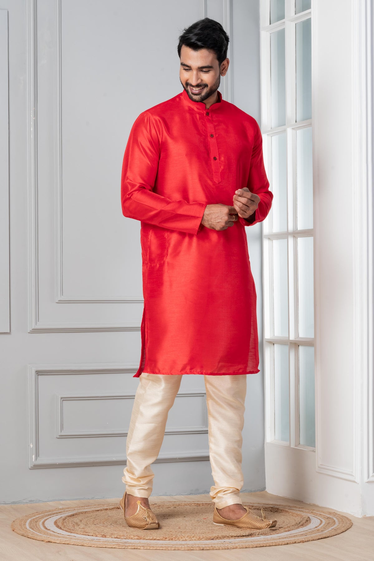 Zavaya Men Red Solid Banarasi Silk Kurta Churidar Set - Dista