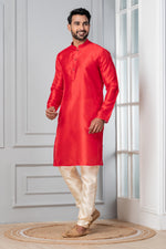 Thumbnail for Zavaya Men Red Solid Banarasi Silk Kurta Churidar Set