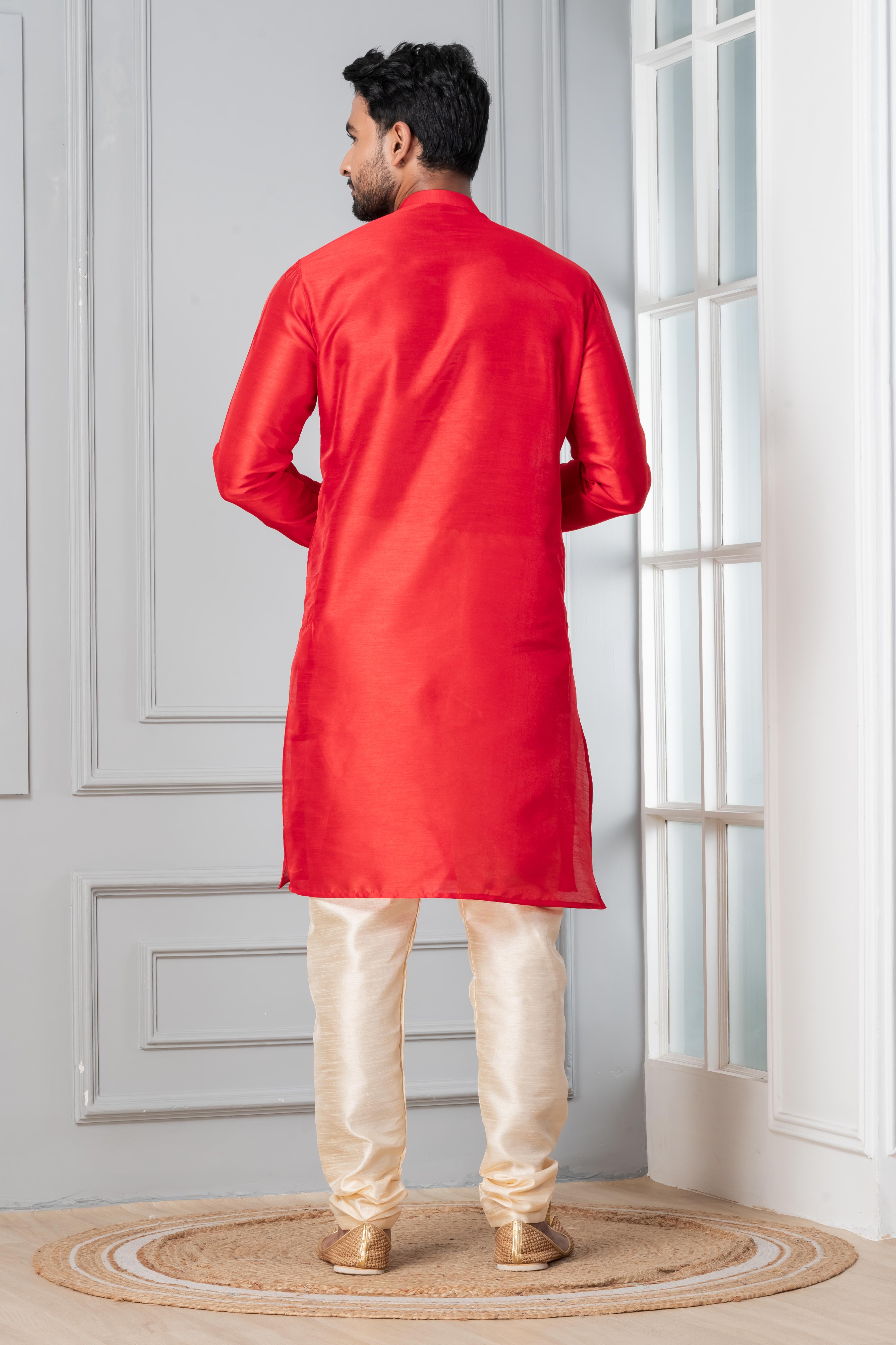 Zavaya Men Red Solid Banarasi Silk Kurta Churidar Set