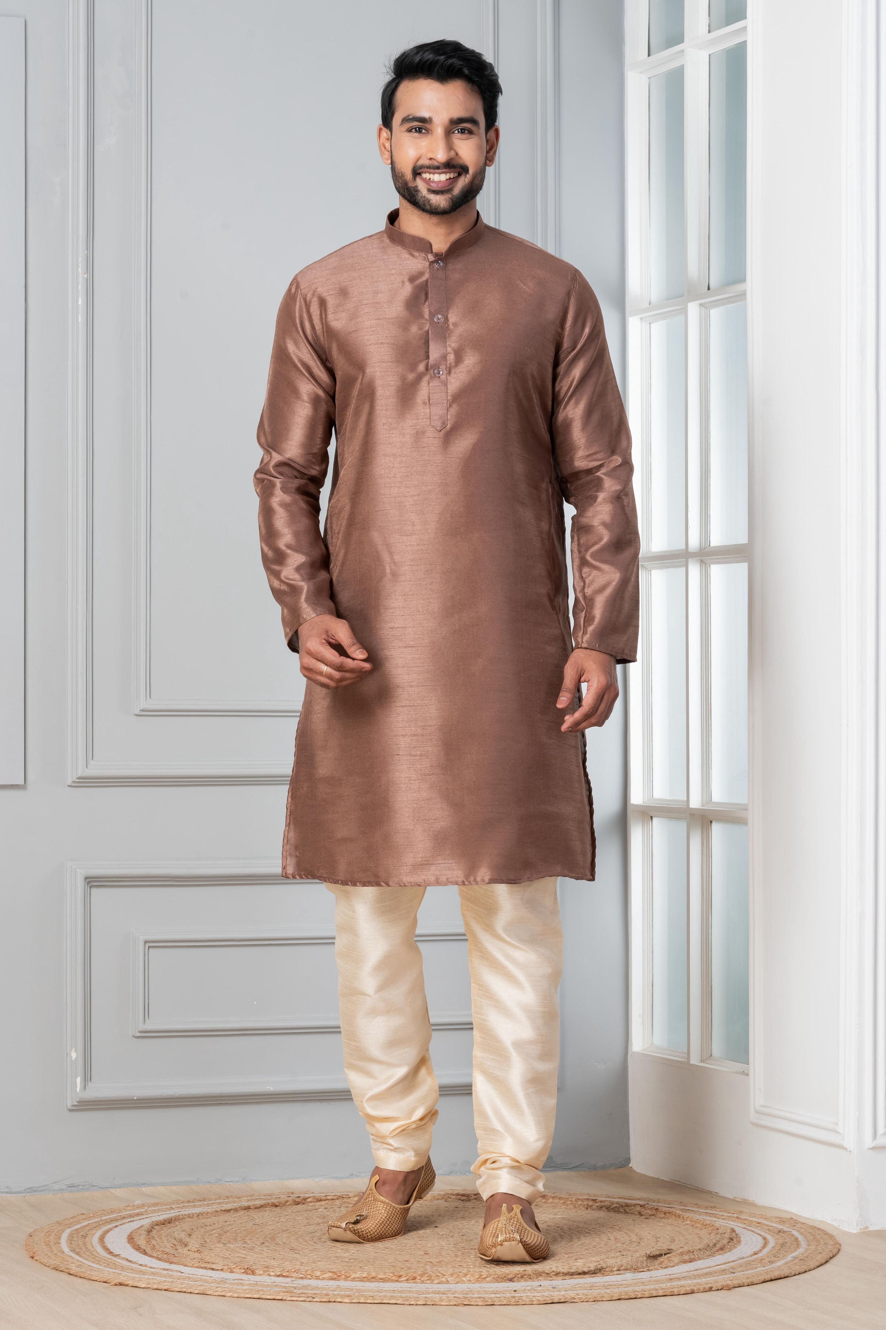 Zavaya Men Brown Solid Banarasi Silk Kurta - Dista