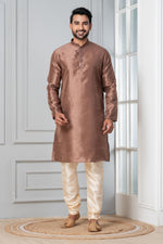 Thumbnail for Zavaya Men Brown Solid Banarasi Silk Kurta
