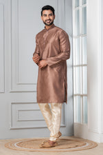 Thumbnail for Zavaya Men Brown Solid Banarasi Silk Kurta