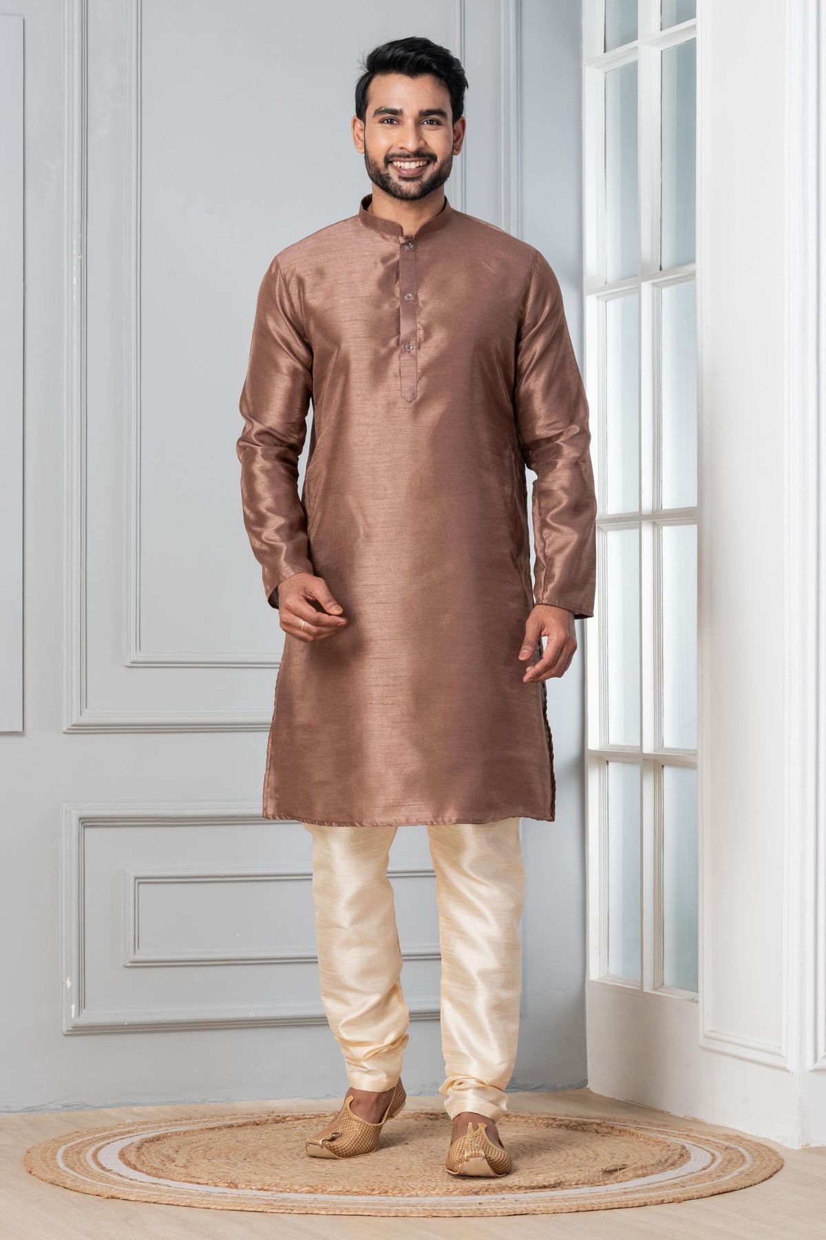 Zavaya Men Brown Solid Banarasi Silk Kurta Churidar Set - Dista