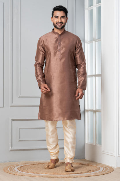 Zavaya Men Brown Solid Banarasi Silk Kurta Churidar Set - Dista