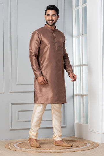 Zavaya Men Brown Solid Banarasi Silk Kurta Churidar Set - Dista
