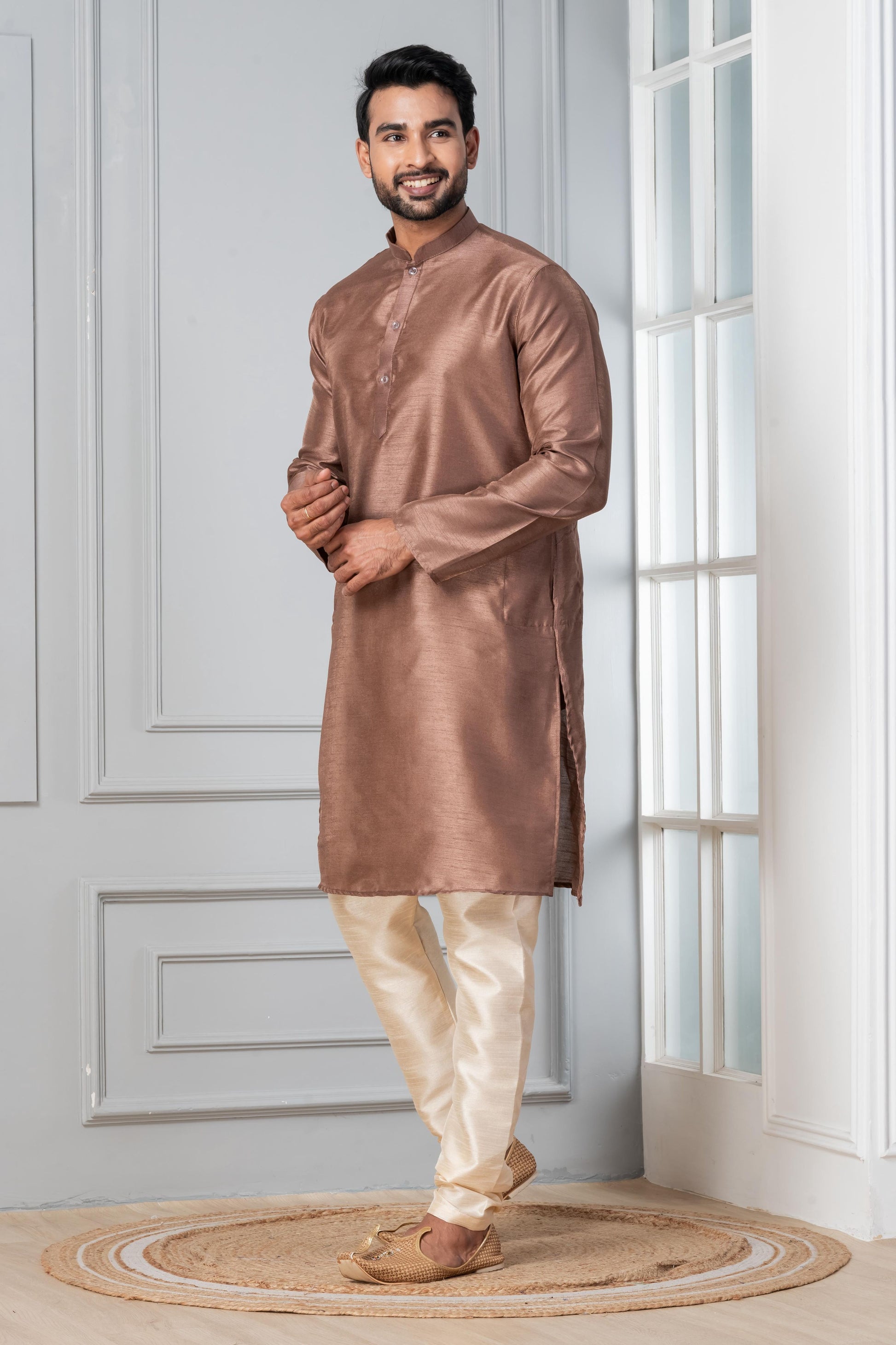 Zavaya Men Brown Solid Banarasi Silk Kurta Churidar Set - Dista