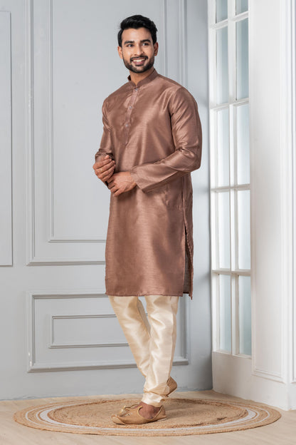 Zavaya Men Brown Solid Banarasi Silk Kurta Churidar Set - Dista