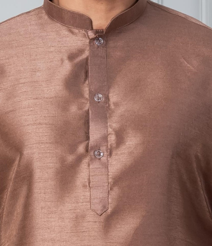 Zavaya Men Brown Solid Banarasi Silk Kurta Churidar Set - Dista