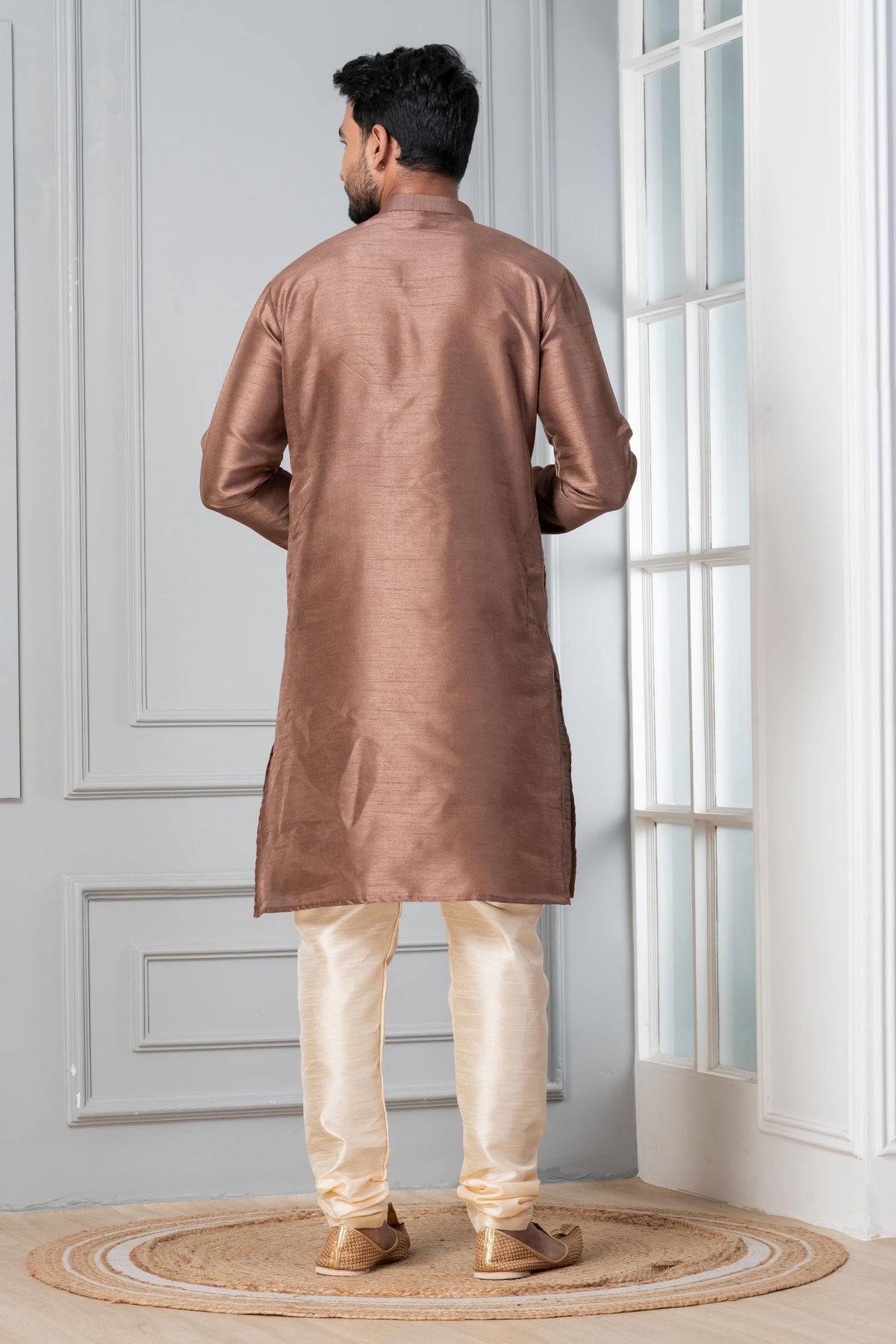 Zavaya Men Brown Solid Banarasi Silk Kurta Churidar Set - Dista