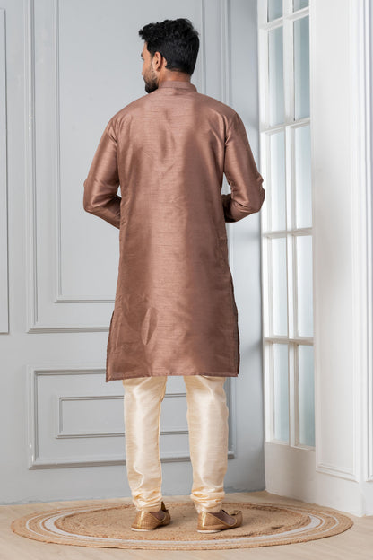 Zavaya Men Brown Solid Banarasi Silk Kurta Churidar Set - Dista