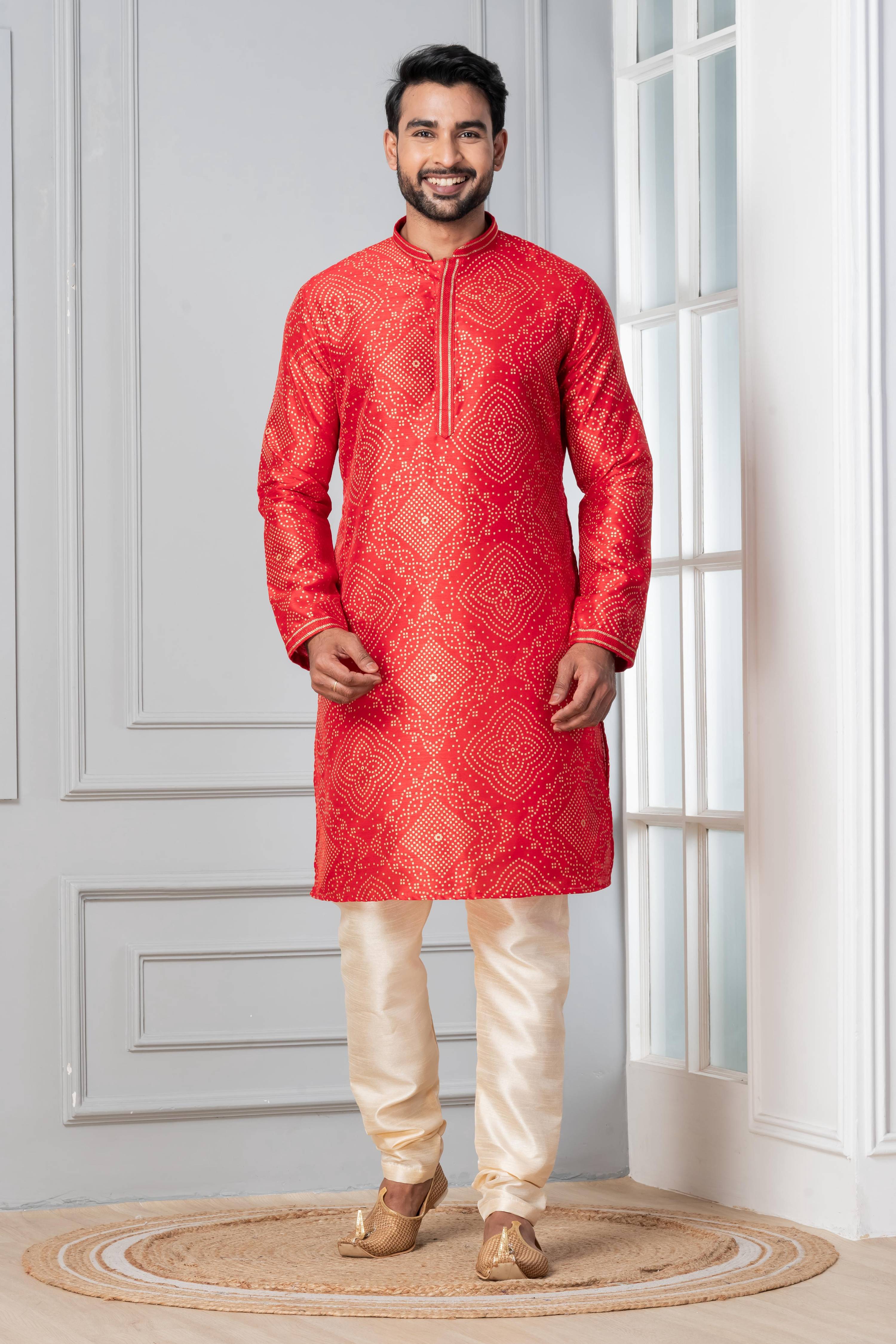 Zavaya Men Red Printed Banarasi Silk Kurta - Dista