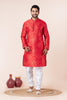Zavaya Men Red Printed Banarasi Silk Kurta Churidar Set - Dista