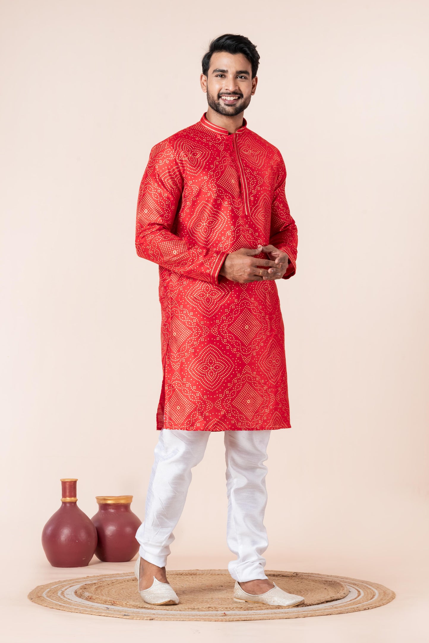 Zavaya Men Red Printed Banarasi Silk Kurta Churidar Set - Dista