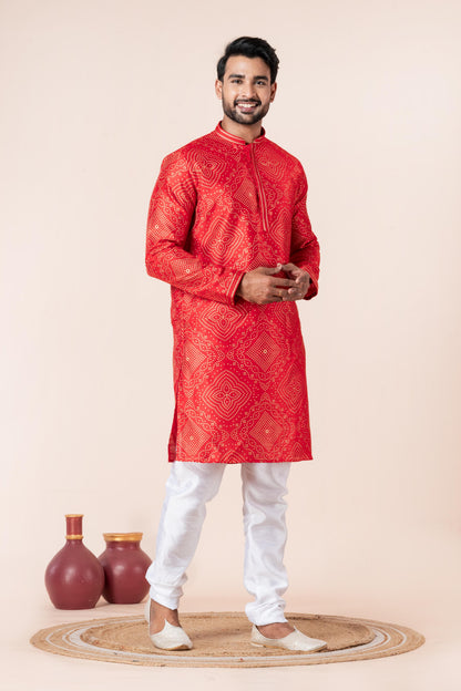 Zavaya Men Red Printed Banarasi Silk Kurta Churidar Set - Dista